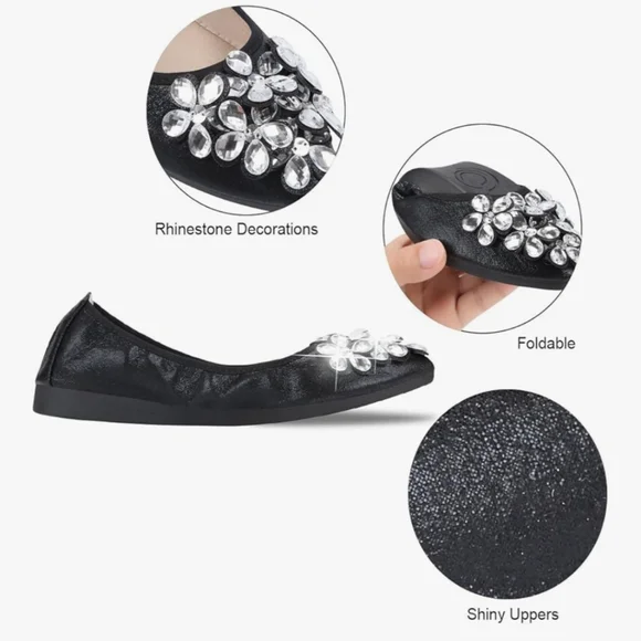 Foldable Black Dressy Rhinestone Ballet Flats 8.5 - Picture 3 of 5